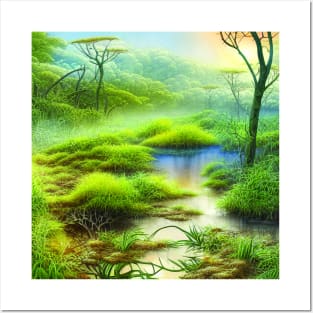 Landscape Painting with Tropical Plants and Lake, Scenery Nature Posters and Art